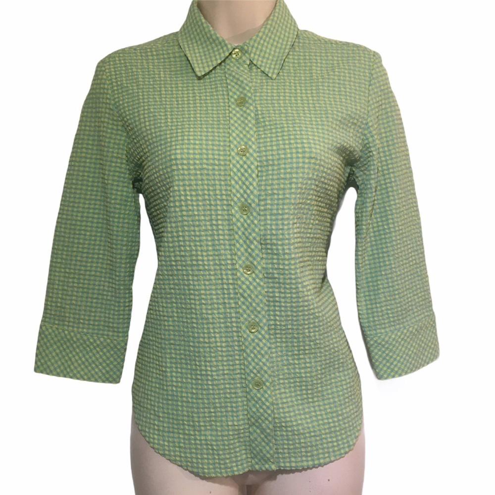 600 West Gingham Button Down blue and yellow    3/4 sleeve Size Small